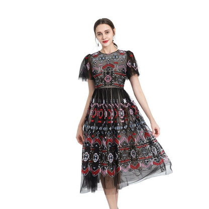 Heavy Industry Net Yarn Embroidered Wide Hem Dress