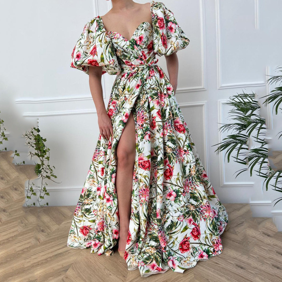 Women's V-neck Chiffon Printed High Waist Dress