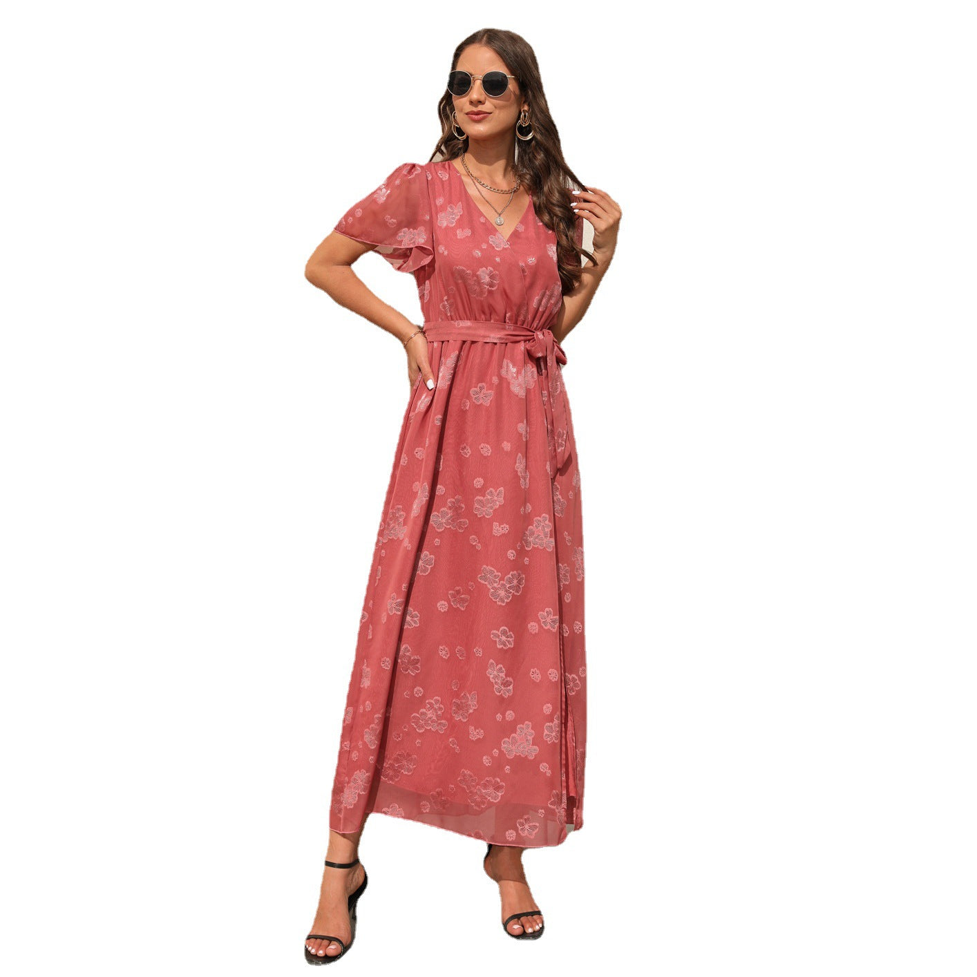 Robe nouée taille haute à col en V et fente jacquard