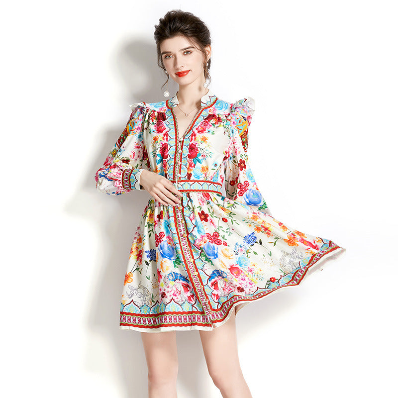 Lantern Sleeve Printed Short Dress