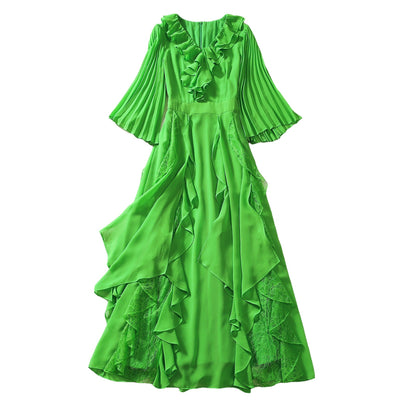 Pleated Bell Sleeve Heavy Industry Ruffled Chiffon Dress