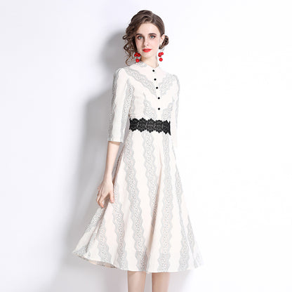 Apricot Lace Embroidery Gentle Slim Fit Graceful And Fashionable 7-point Sleeve Dress