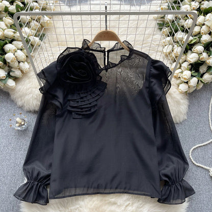 Sweet Ruffled Collar Pullover Puff Sleeve Chiffon Shirt