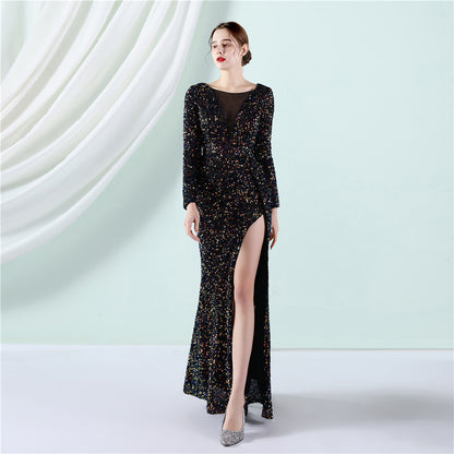 Banquet Temperament Long Sleeve Sequined Atmosphere Queen Fishtail Evening Dress