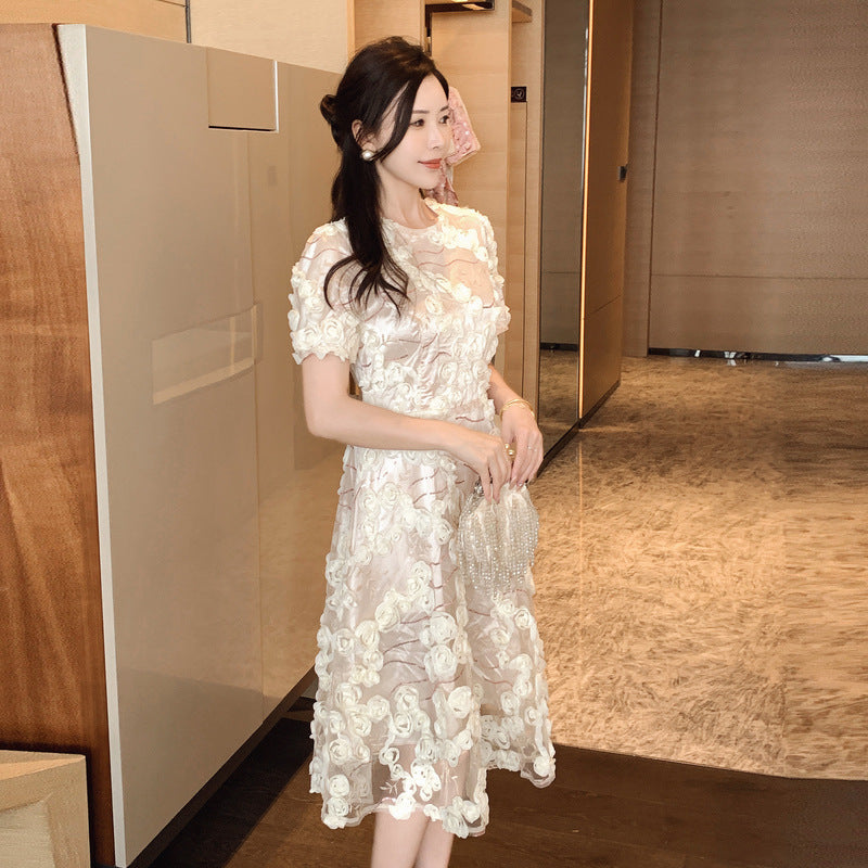 French Style Temperament Apricot Flowers Dress