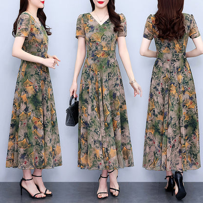 Spring And Autumn Chiffon Floral Dress Plus Size