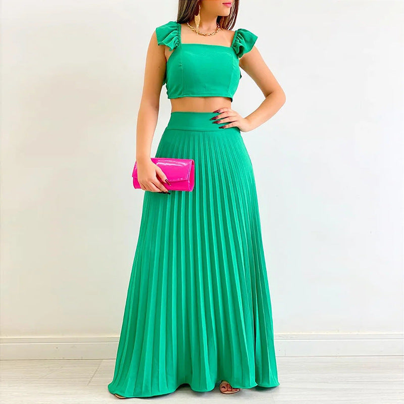 Solid Color Short Vest High Waist Pleated Long Skirt Casual Suit