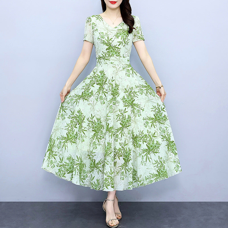 Spring And Autumn Chiffon Floral Dress