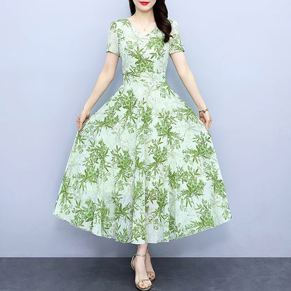 Spring And Autumn Chiffon Floral Dress