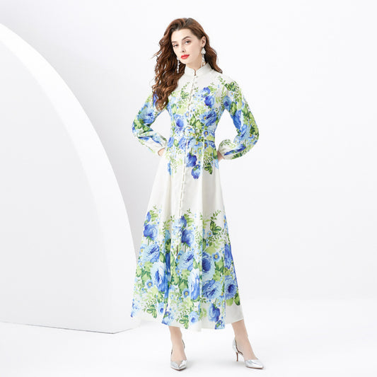 Retro Stand Collar Single-breasted Printed Wide Swing Long Dress