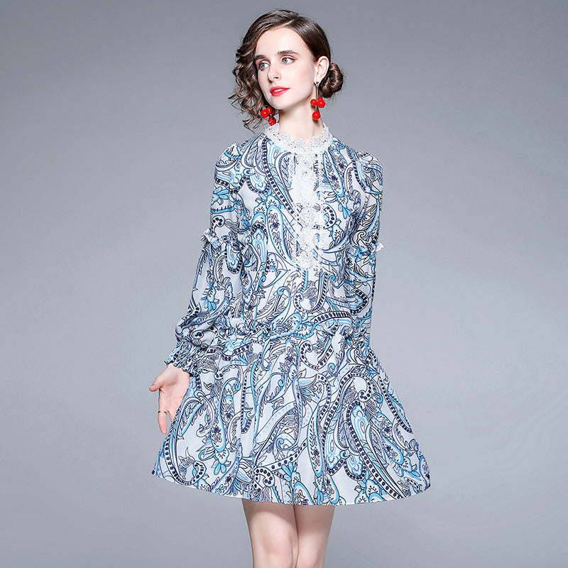 Niche Water Soluble Stand-up Collar Puff Sleeve Printing Medium Dress