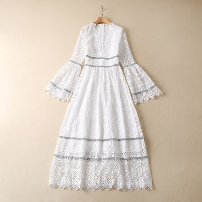 V-neck Crocheted Flower Water Soluble Bell Sleeve Dress