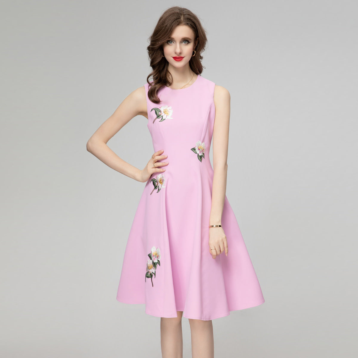 Patch Flower Cinched Sleeveless Dress