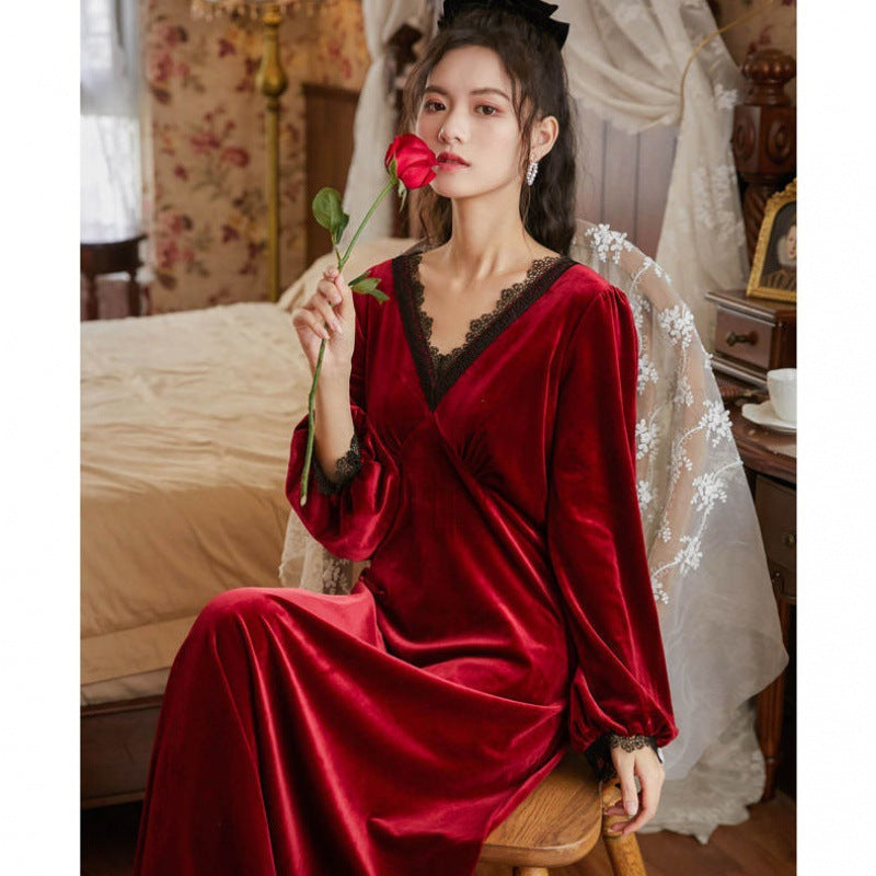 Warm Lace V-neck Pajamas Long Dress Home Wear