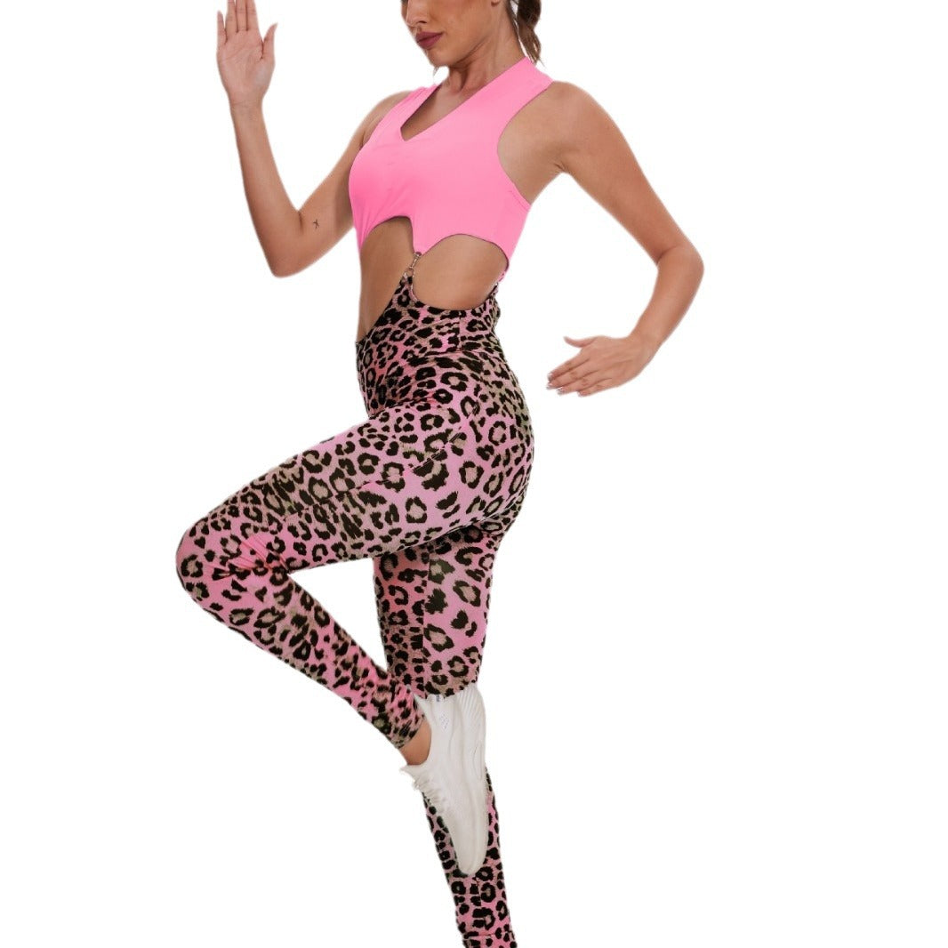 Hip Leopard Print Fitness Yoga Jumpsuit