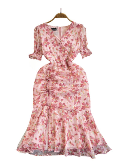 Small Floral Chiffon Dress Slim Fishtail Dress