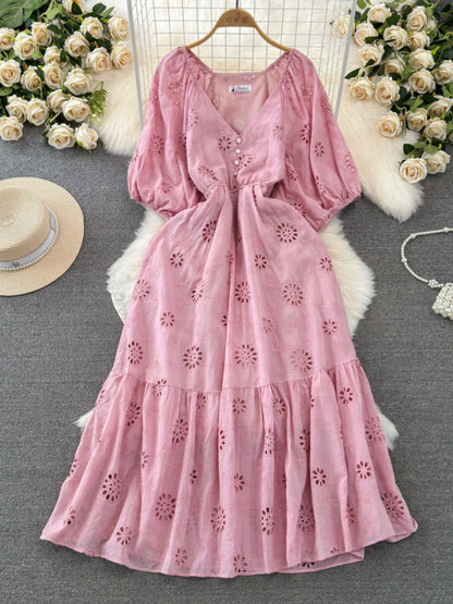 Temperament Short Sleeve V-neck Waist-controlled Slimming A- Line Hollow Embroidery Dress