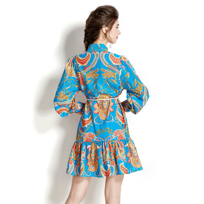 Retro Stand-up Collar Puff Sleeve Pleated Wavy Edge Short Print Dress