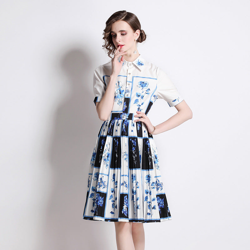 French Retro Printed Shirt Dress