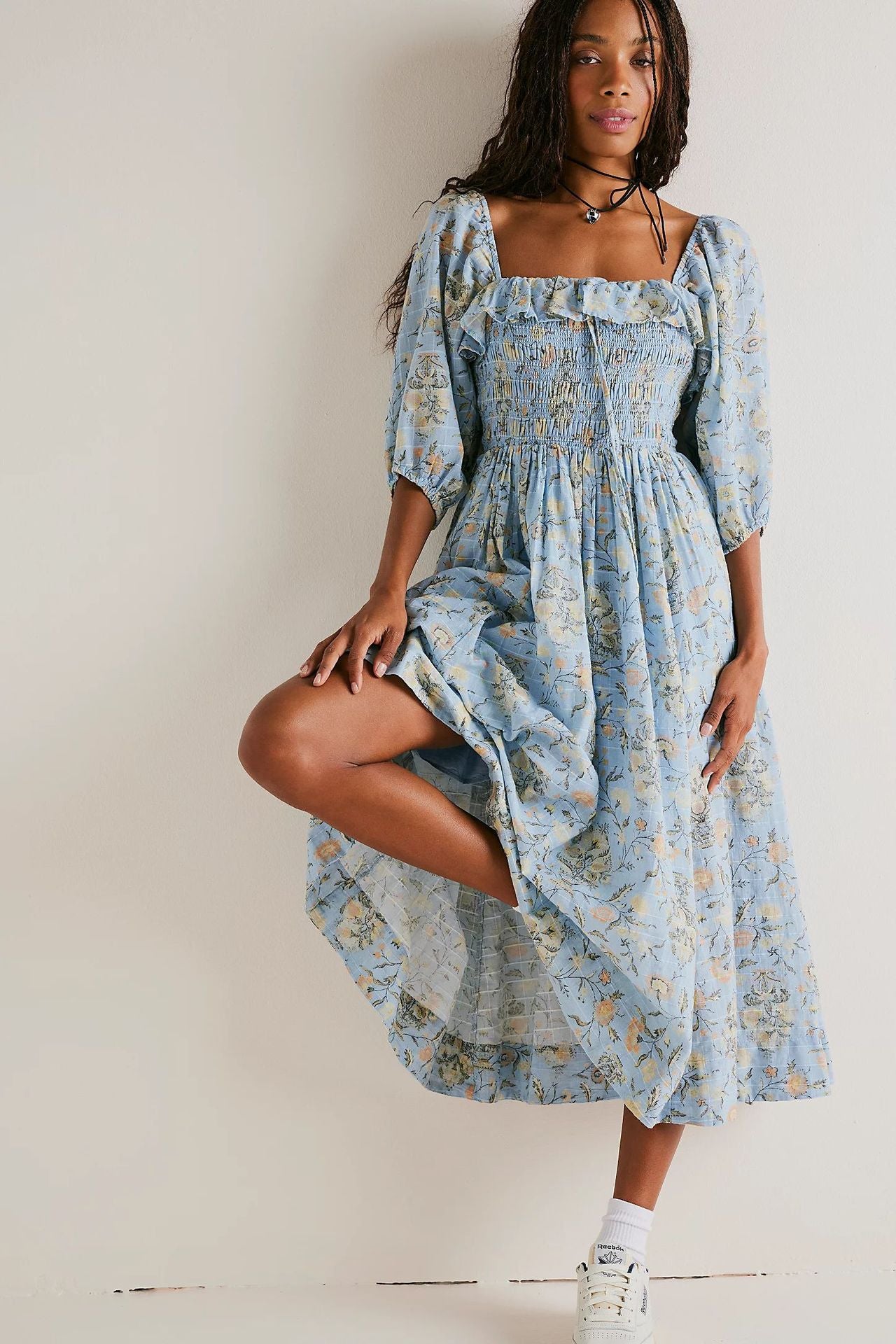 Exposed Back Ruffled Square Collar Printed Half-length Sleeve Dress