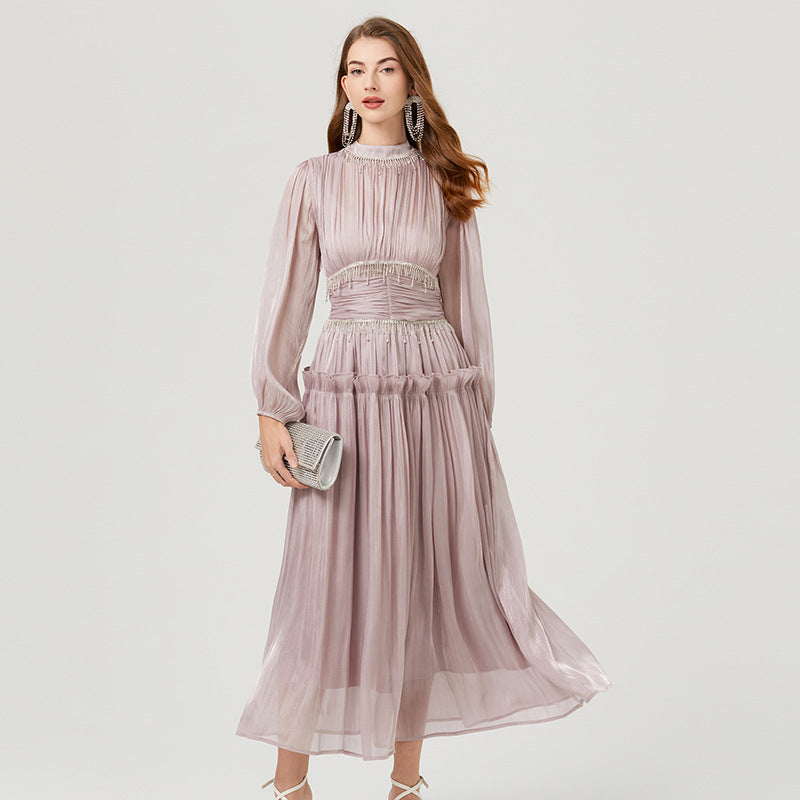 Pleated Waist Tight Long Puff Sleeve Dress