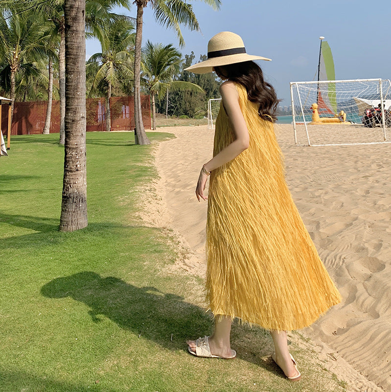 Vestido amarillo sin mangas de primavera y otoño suelto