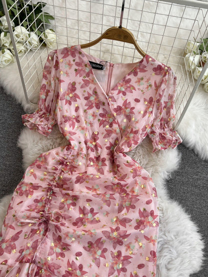 Small Floral Chiffon Dress Slim Fishtail Dress