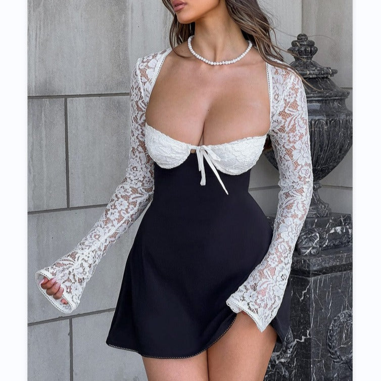 European And American Women's Clothing Lace Long Sleeve Square-neck Little Short Dress