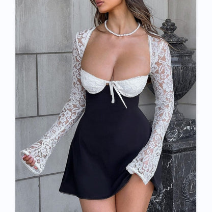 European And American Women's Clothing Lace Long Sleeve Square-neck Little Short Dress