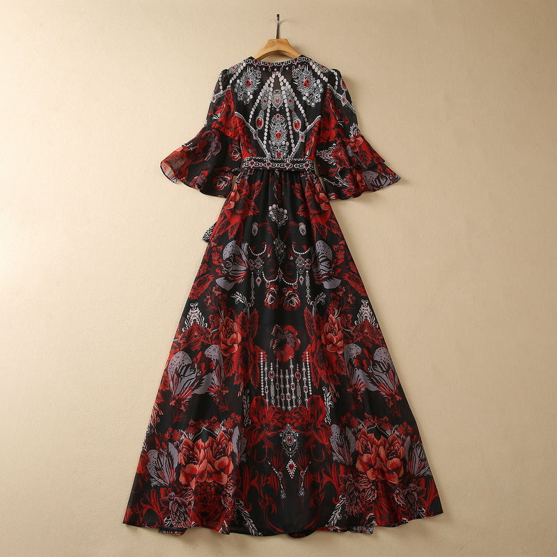 V-neck Flared Sleeves Lacing Chiffon Printing Dress