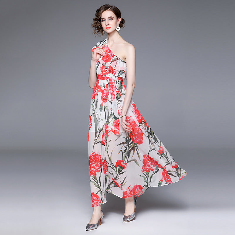 One-shoulder Ruffled Printed Long Elegant Dress