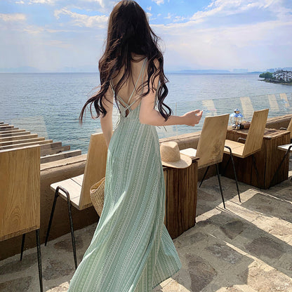 Vacation Style Light Green Printing Slip Dress