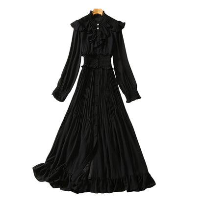 Stringy Selvedge Stand-up Collar Ruffled Elastic Waist Long Sleeve Dress