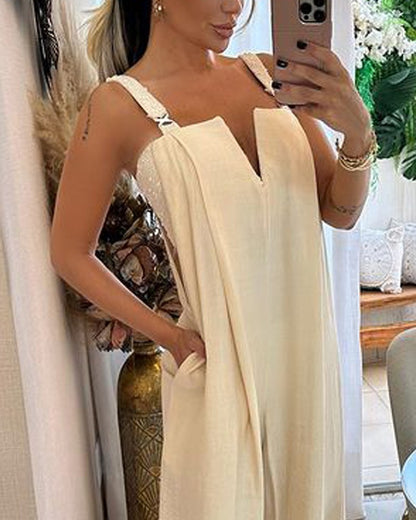 Spring And Summer New Fashion Solid Color Wide Leg Jumpsuit Women