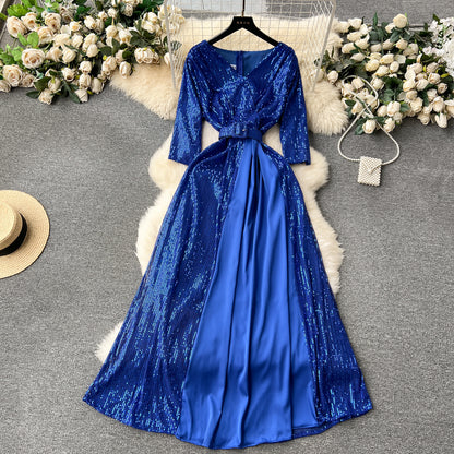 Elegant V-neck Slim-fit Long Sequined Dress