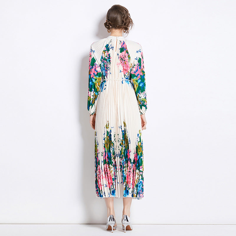 Printed Lantern Sleeve Pleated Tassel Belt Dress