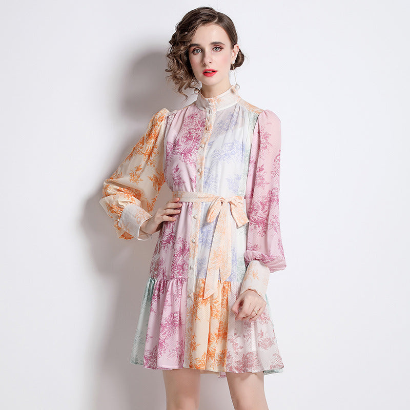 Stand Collar Long Sleeve Printed Stitching Mid-length Holiday Dress Two-piece Set