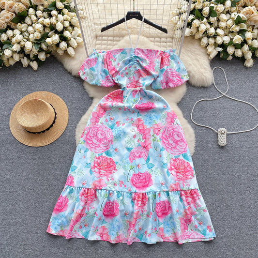 Off-neck Off-the-shoulder Puff Sleeves Slim-fit Mid-length Printed Dress