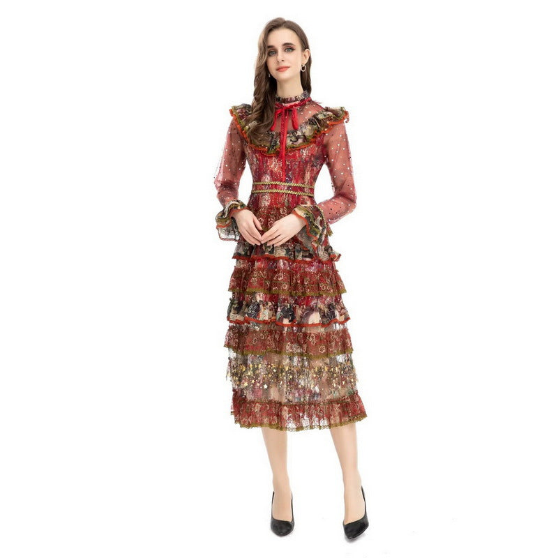 Bow Collar Princess Long Sleeve Printed Dress