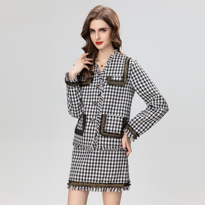 Houndstooth Gold Thread Tassel Short Coat Skirt