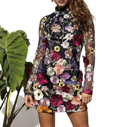 Vestido tubo bordado de encaje de malla de flores para mujer