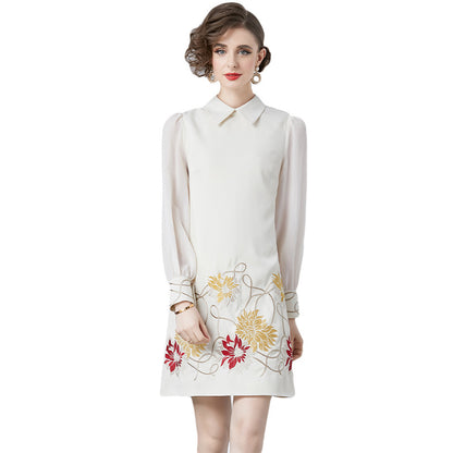 Embroidery Stitching Transparent Sleeve Dress Women