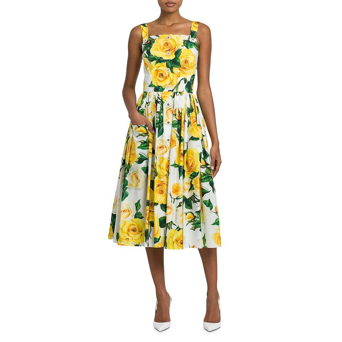 Fritillary Button Large Pocket Yellow Roses Sling Dress