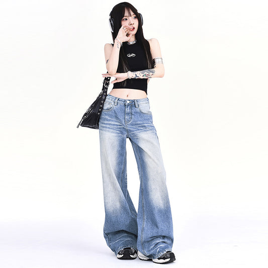 Mopping Loose Worn Looking Washed-out Denim Straight Wide-leg Pants