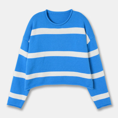 Wool Striped Sweater Curly Embroidered Striped Sweater Leisure Style Round Neck Casual Top Women