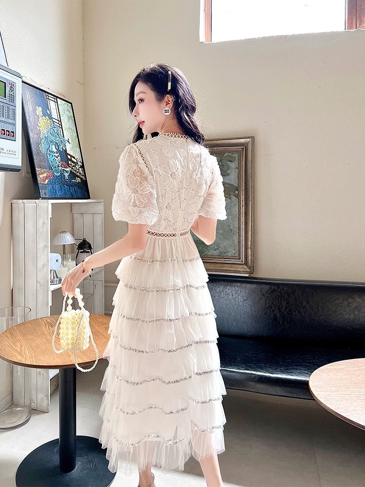 Mesh Three-dimensional Flower Stitching Sequins Cake Dress