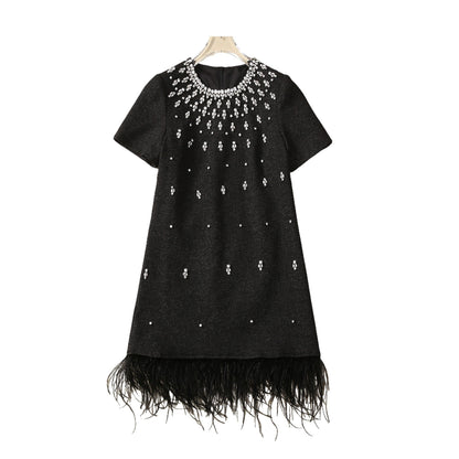 Handmade Nail Rhinestone Feather Loose Waist Dress