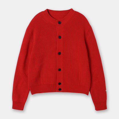 Suéter tipo cárdigan de punto de manga larga con cuello redondo y giro rojo estilo inactivo para mujer, abrigo de otoño e invierno con relleno de aguja de lingote