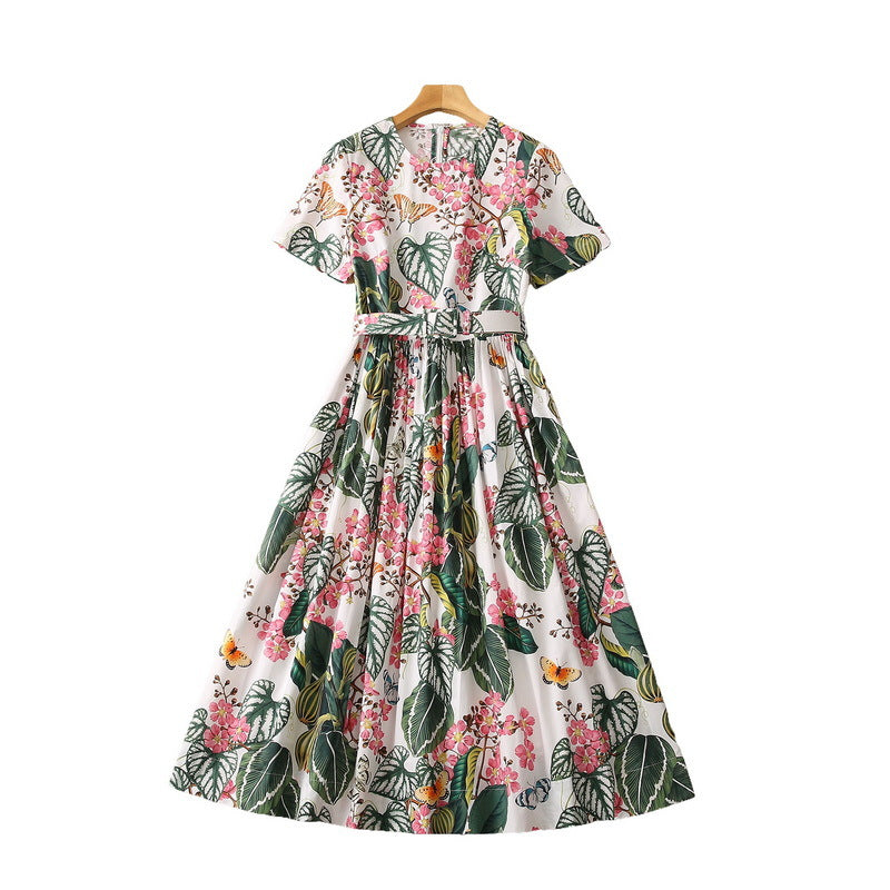 Round Neck Plant Flower Pleated Large Hem Waist Dress