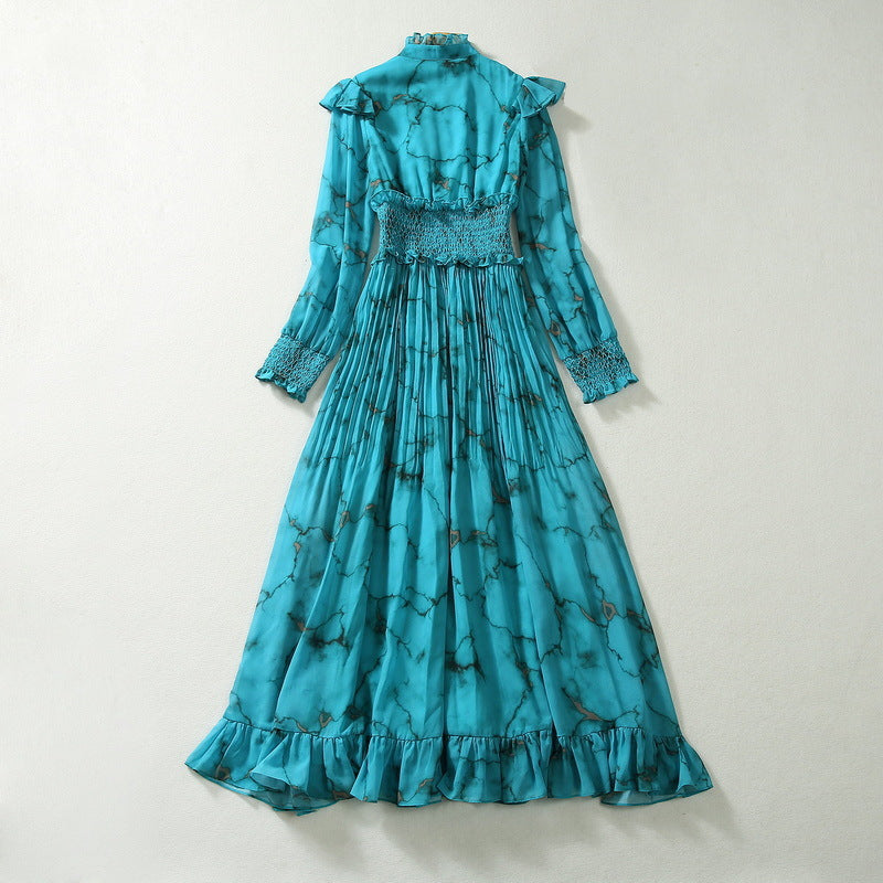 Stand Collar Ruffle Smocking Waist-controlled Long Sleeves Dress